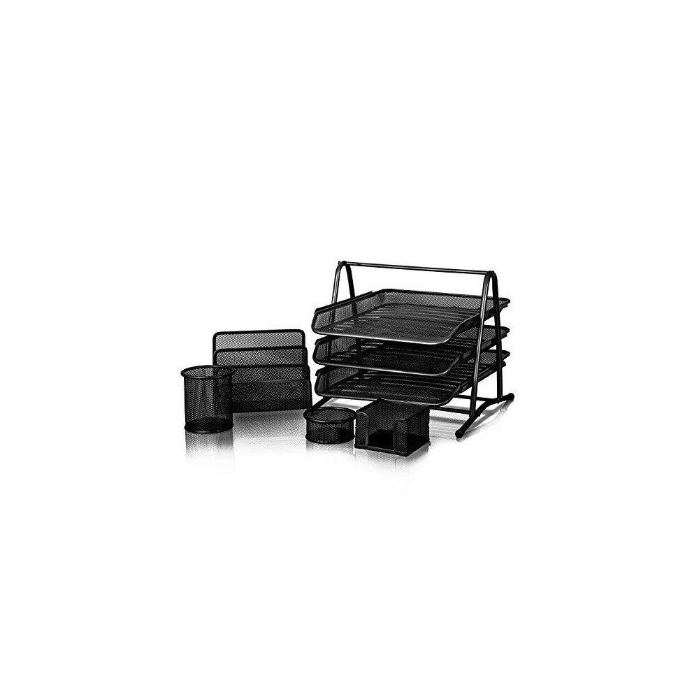 Premium Set of 5 Mesh Desk Tidy - 2/3 Tier/Filing Letter/Paper Tray/Letter Sorter/Pen Holder/Clips and Memo Pad Holder 3 Tier 5 Pcs Set Black