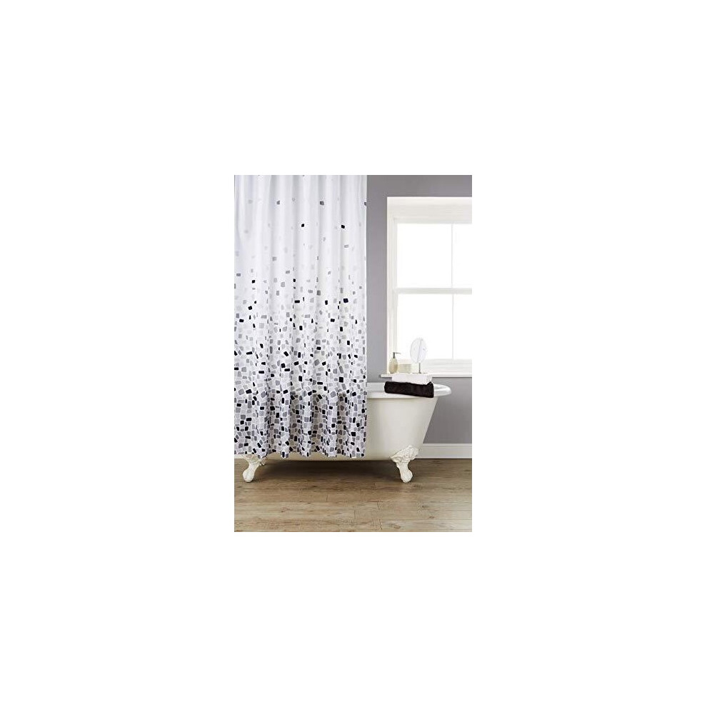 KAV Vibrant Mosaic Grey Extra Wide (200cm) Shower Curtain On A White Background Including 12 Shower Curtain Hooks (200cm Width x 180cm Drop)