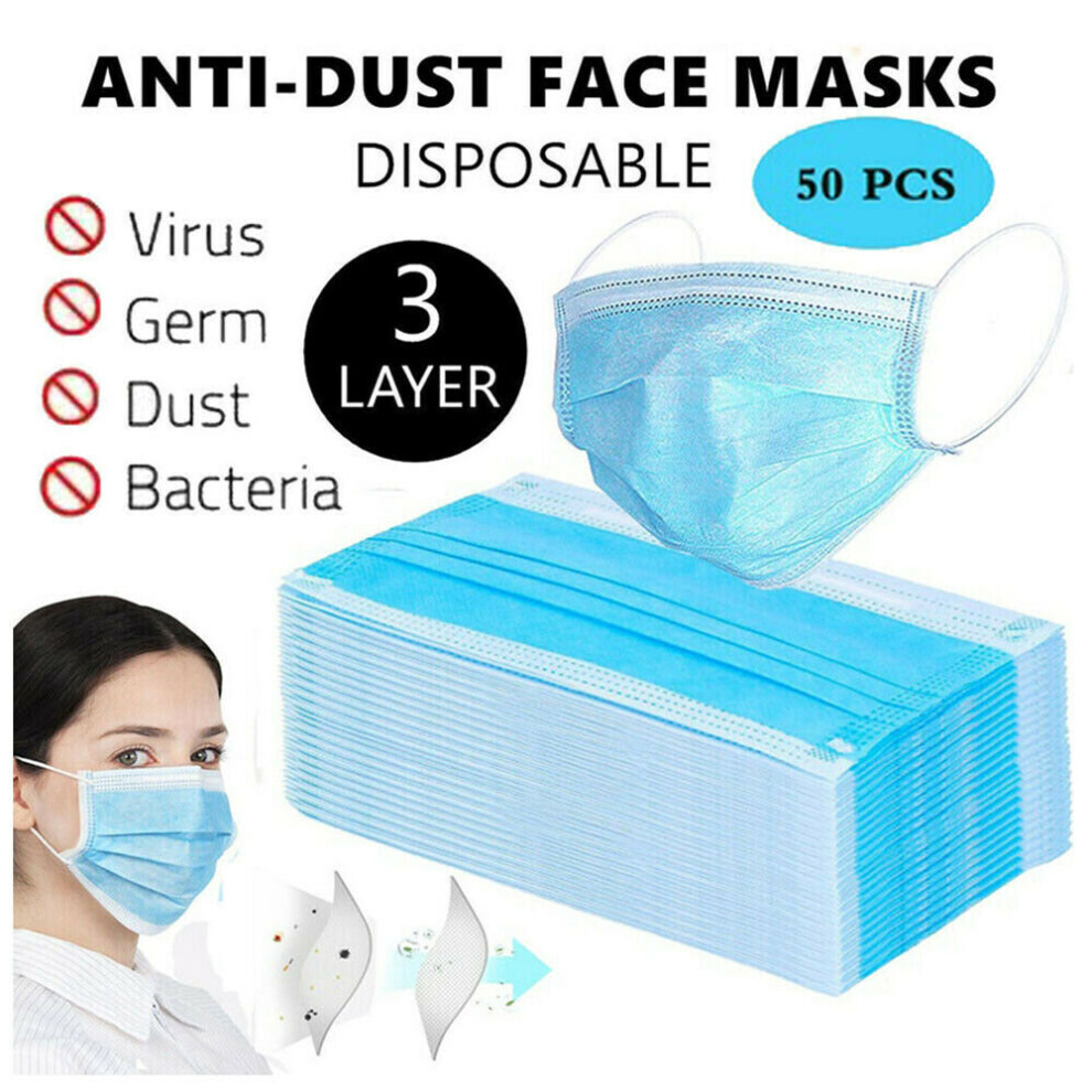 50pcs Face Masks Disposable 3 Layers Dustproof Mask Facial Protective