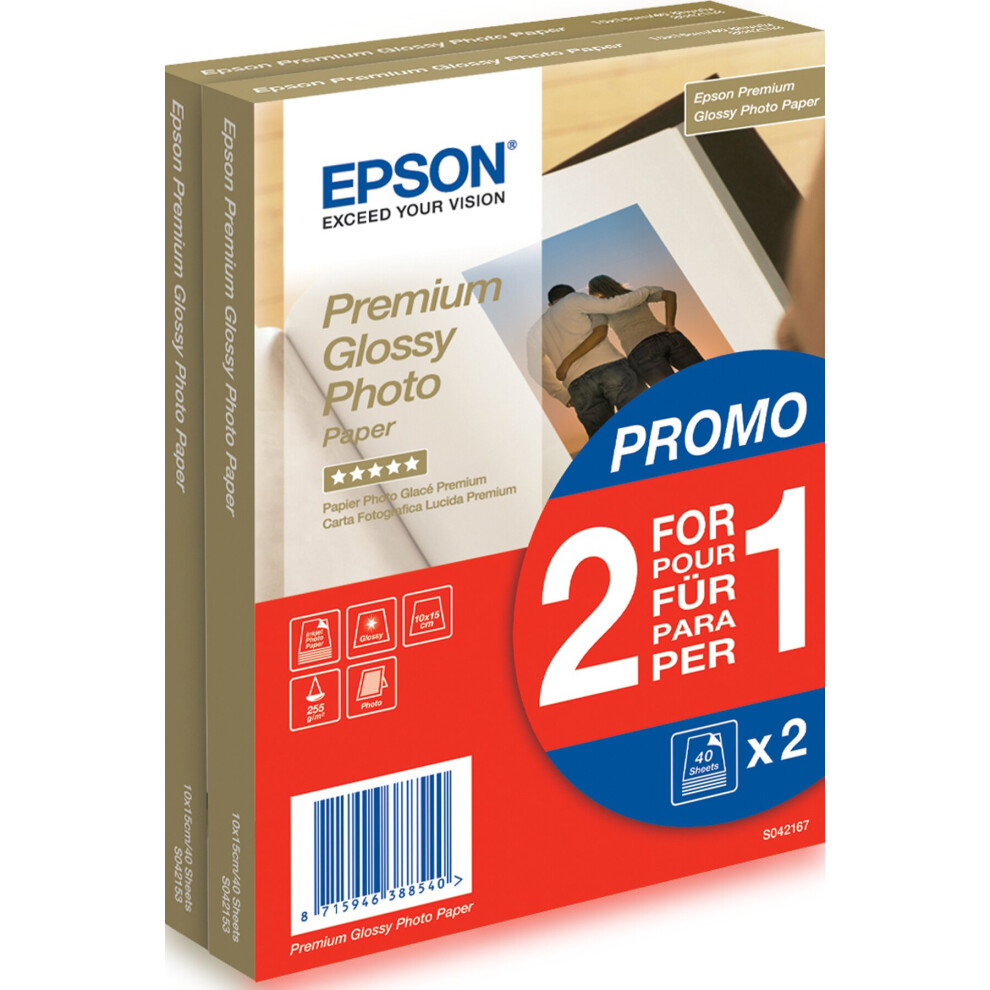 Epson Premium Glossy Photo Paper - 10x15cm - 2x 40 Sheets