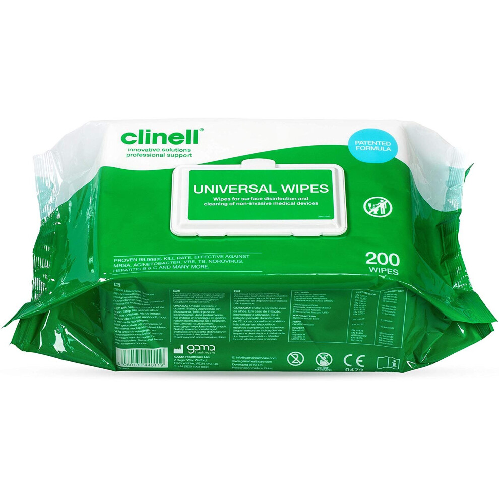 Clinell Universal Surface/Hand Sanitising Wipes Disinfectant Anti-Bacterial x200