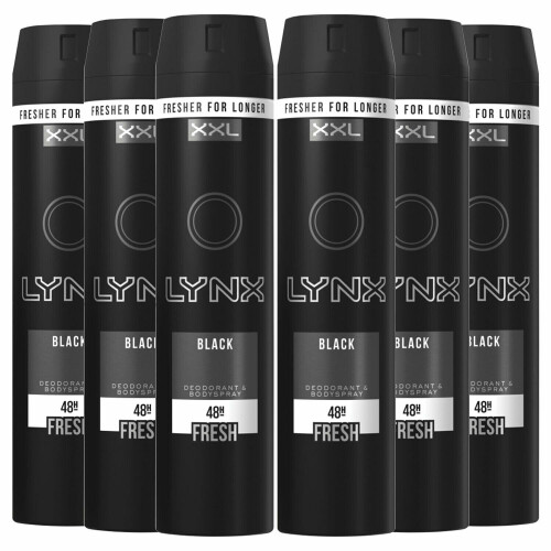 Lynx Lynx XXL 48H Fresh Deodorant Body Spray, Black, 6 Pack, 250ml