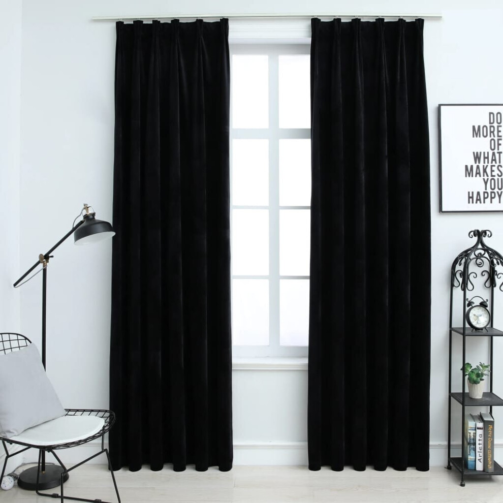 vidaXL 2x Blackout Curtains with Hooks Velvet Black 140x225cm Drapery Blinds