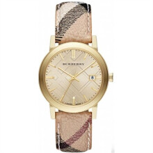 BURBERRY BU9026 Damenuhr – Gelbes Edelstahlgehäuse (38 mm), Champagnerzifferblatt, Kalender, Lederarmband mit Burberry-Karomuster