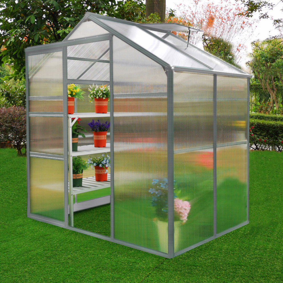 (6ft x 4ft Greenhouse) Greenhouse Polycarbonate Walk-in Aluminium Metal Silver Base Option Sliding Door