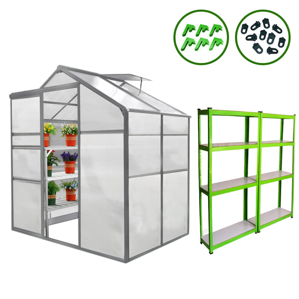 (6ft x 4ft Greenhouse & 2 x Racks) Greenhouse Polycarbonate Walk-in Aluminium Metal Silver Base Option Sliding Door