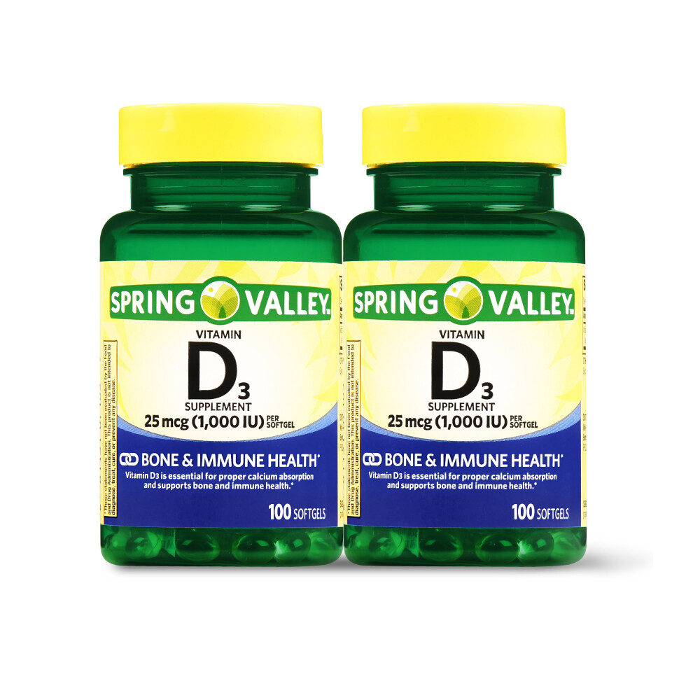 Spring Valley Vitamin D3 Softgels, 1000 Iu (25 Mcg) 100 Ct, Twin Pack