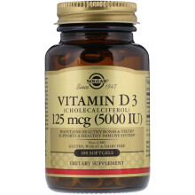 Solgar, VITAMIN D3 (Koleszterin-kalciferol), 125 mcg (5 000 IU), 100 Puhatestek