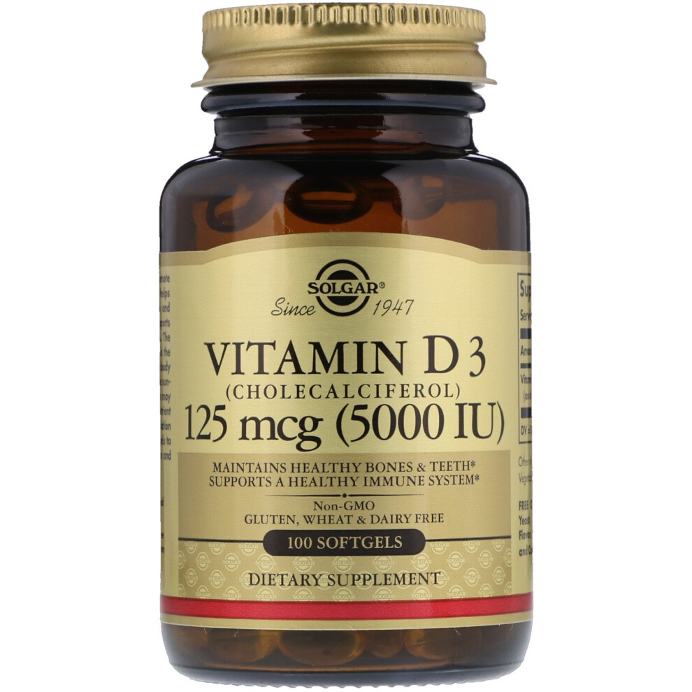 Solgar , Vitamin D3 (Cholecalciferol), 125 Mcg (5,000 Iu), 100 Softgels