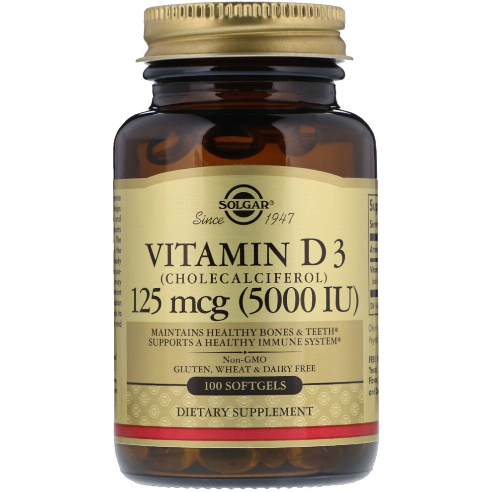 Solgar, Vitamin D3 (Cholecalciferol), 125 Mcg (5,000 IU), 100 Softgels