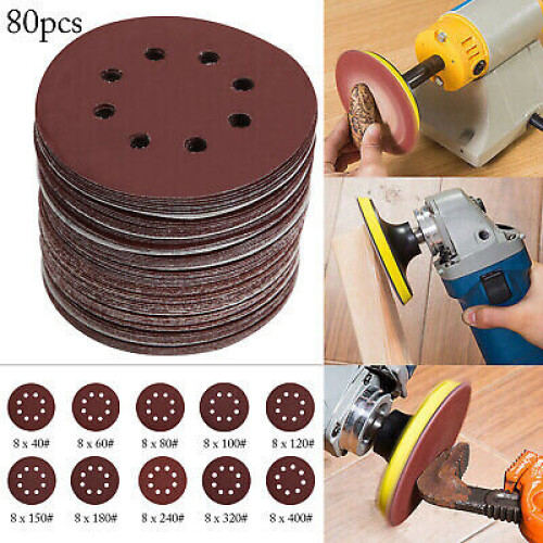 80pc 125mm Sanding Discs Pads 40-400 Mixed Orbital Sander Hook Loop