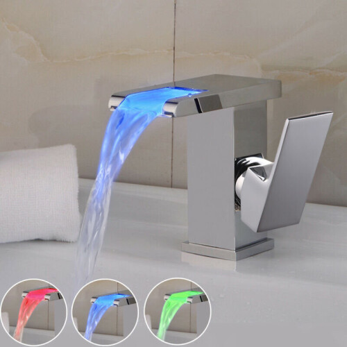LED RGB Bathroom Sink Mixer Tap Waterfall Basin Temperature Sense