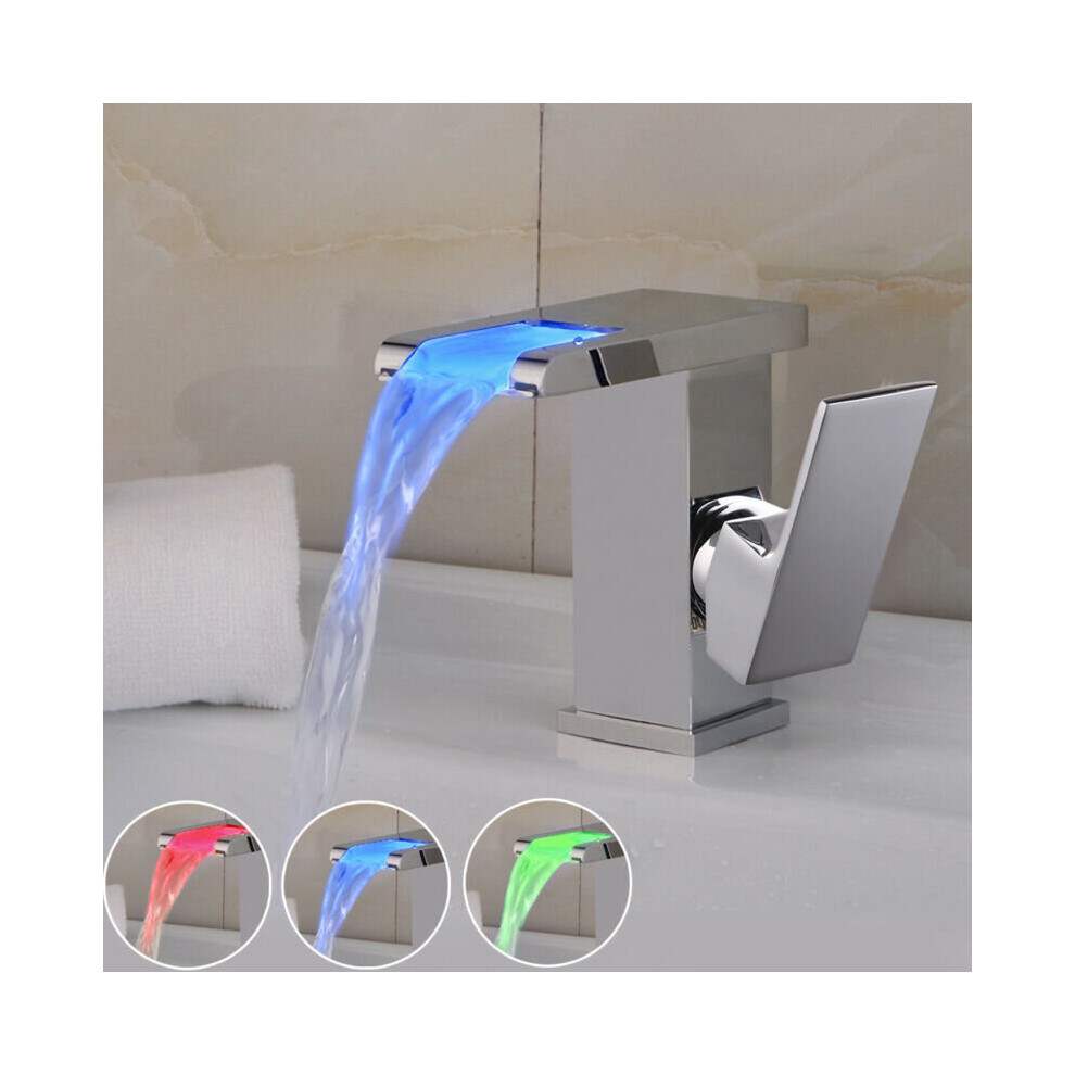 LED RGB Bathroom Sink Mixer Tap Waterfall Basin Temperature Sense
