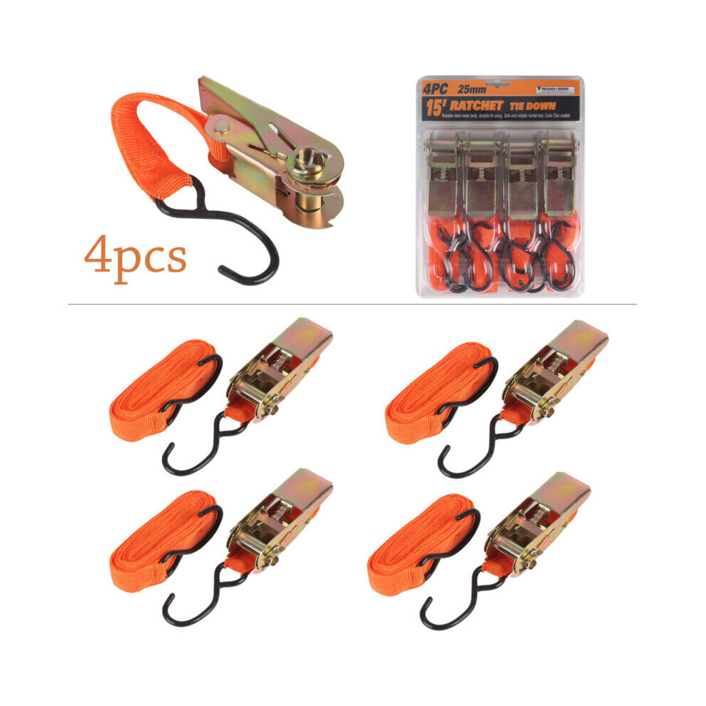 4PCS New Heavy Duty Ratchet Straps 4.6m/15 foot x 1 inch/25mm Recovery Truck