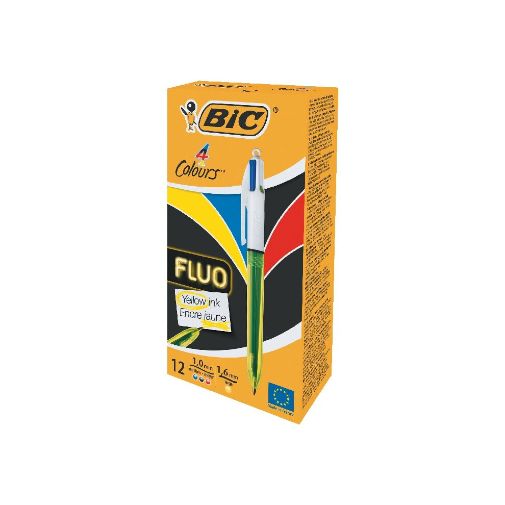 BIC 4Colours Fluo Clip-on retractable pen Black,Blue,Red,Yellow 12 pc(s)