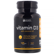 Sports Research, Vitamina D3, Putere Suplimentară, 125 mcg (5.000 IU), 360 Gelule moi