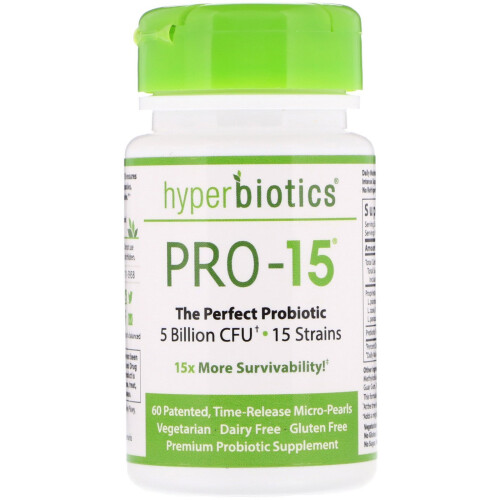 Hyperbiotics, PRO-15, Prebiotic + Probiotic, 5 Billion CFU, 60  Time-Release Micro-Pearls