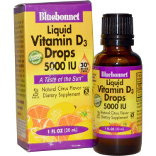Bluebonnet Nutrition, Lecznicze Kropelki Witaminy D3, Cytryna, 5,000 IU, 1 fl oz (30 ml)