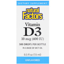 Natural Factors, Vitamin D3 cseppek gyermekeknek, Illatmentes, 10 mcg (400 IU), 0,5 fl oz (15 ml)