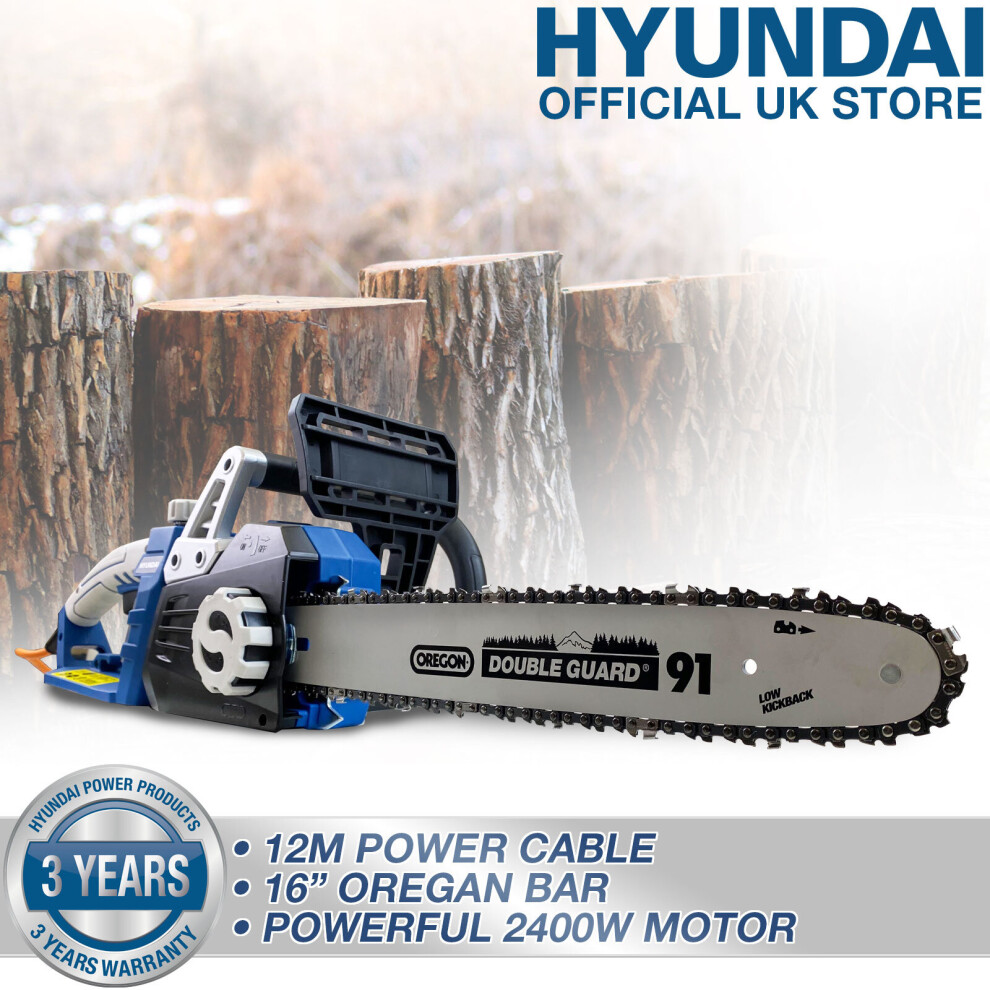 Hyundai Electric Chainsaw 2400W 230V 16" 40cm Oregon Bar & Chain Long 12m Cord-image-OPC-P5T9XZF-NEW