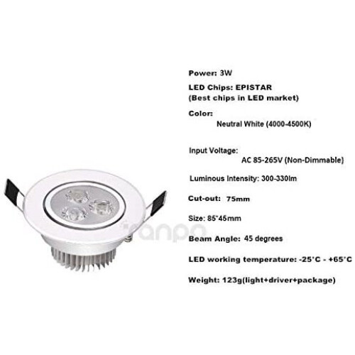 Ranpo Ranpo 2x 3W ουδέτερο λευκό 4500K LED φως οροφής ενσωματωμένο Downlight 2