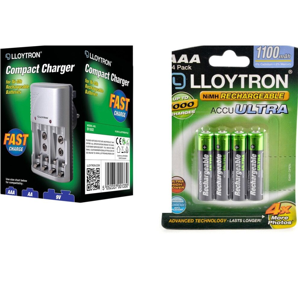 Lloytron Mains Battery Charger + 4 x LLoytron AAA 1100 mAh Rechargeable Batts.