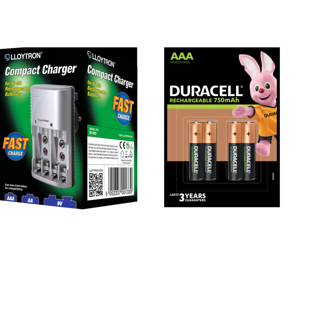 Lloytron Mains Battery Charger + 4 x Duracell AAA 750 mAh Rechargeable Batteries