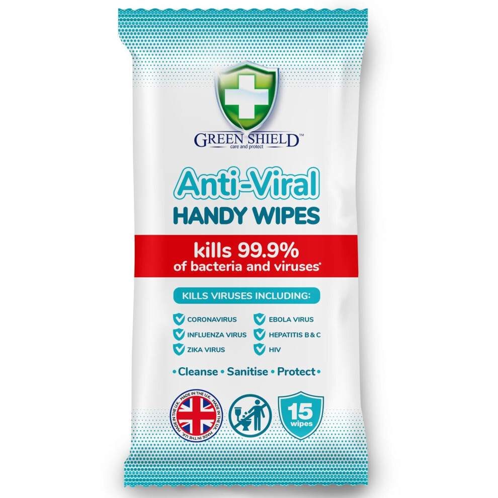 Green Shield Anti-Viral Handy Wipes Kills 99.9% Of Bacteria And Viruses 12x15pk