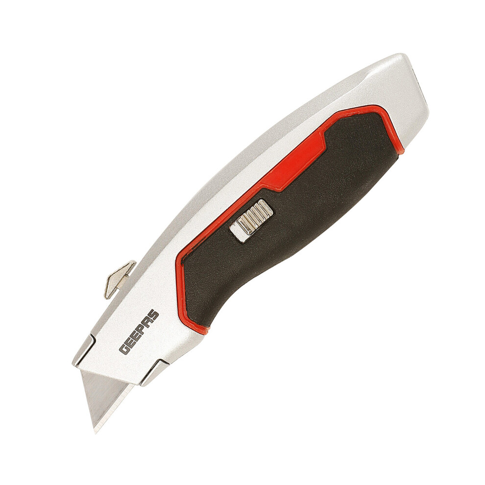 Geepas Retractable Utility Knife 140mm with Safety 3 Extra Blades, Aluminum Build