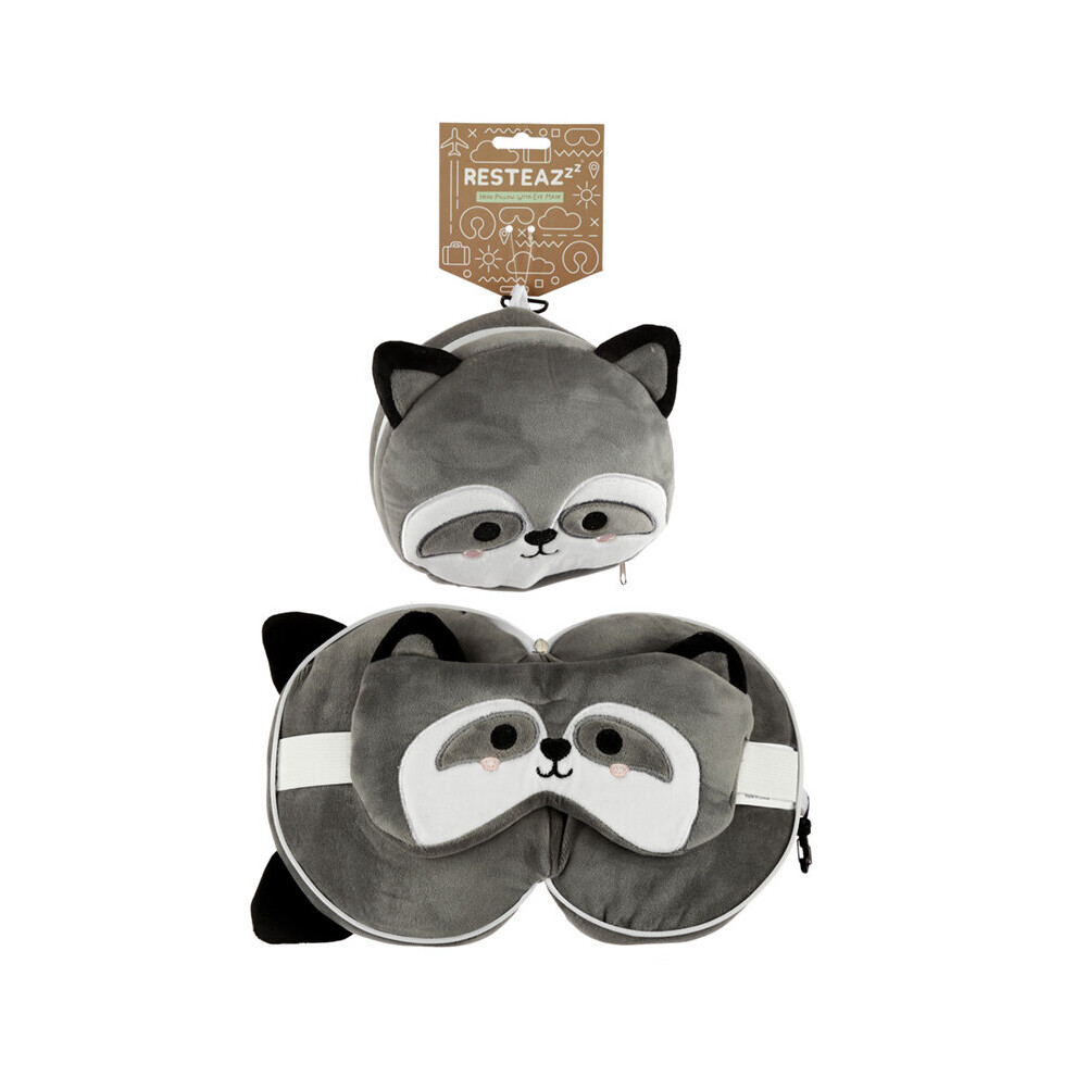 Raccoon Relaxeazzz Plush Round Travel Pillow & Eye Mask Set