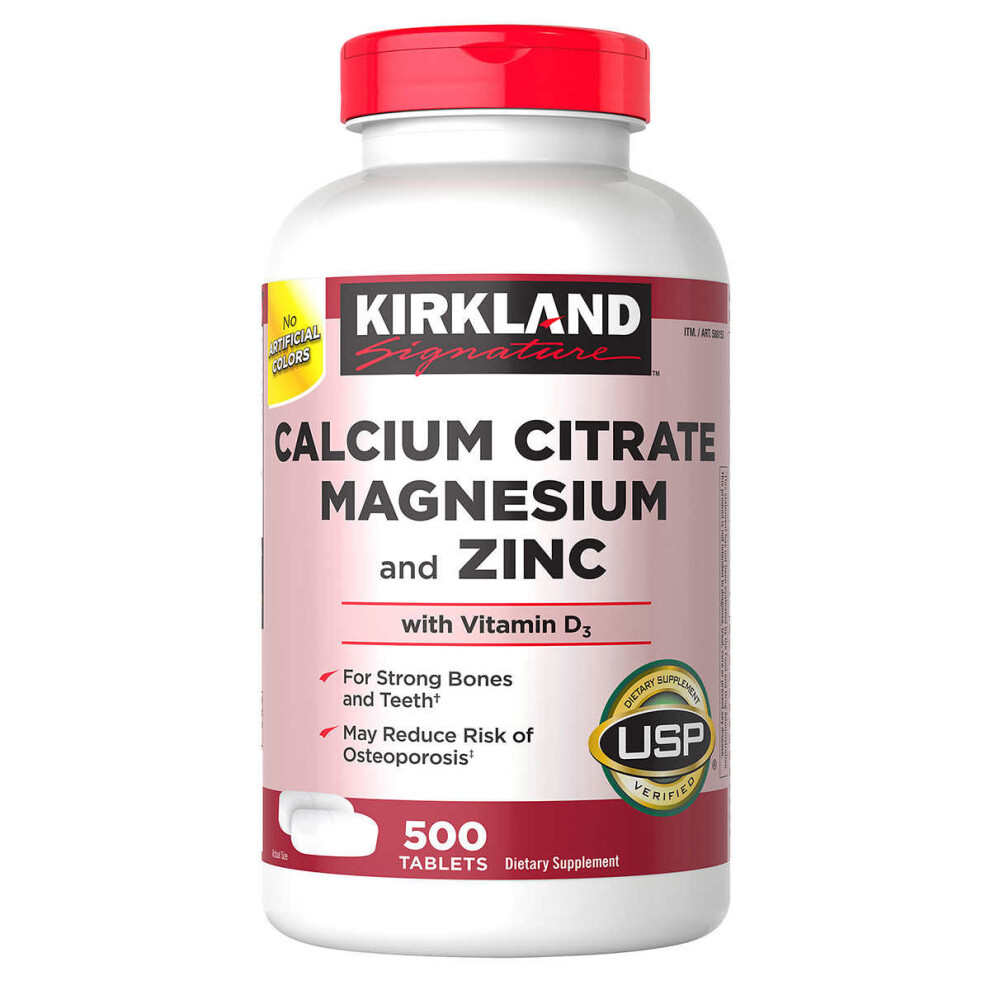 Kirkland Signature Calcium Citrate Magnesium Zinc With Vitamin D3 Tablets - Supports Strong Bones & Teeth, 500 Count