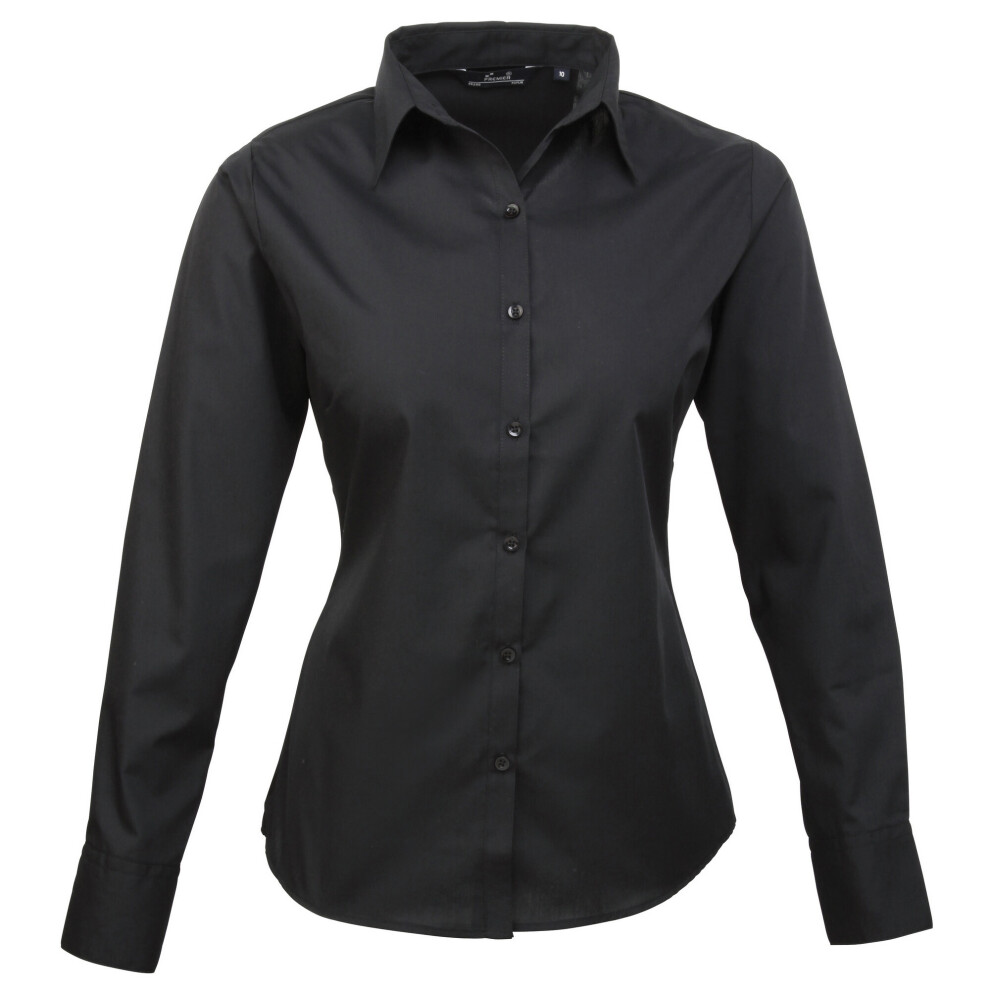 (8, Black) Premier Womens/Ladies Poplin Long Sleeve Blouse / Plain Work Shirt