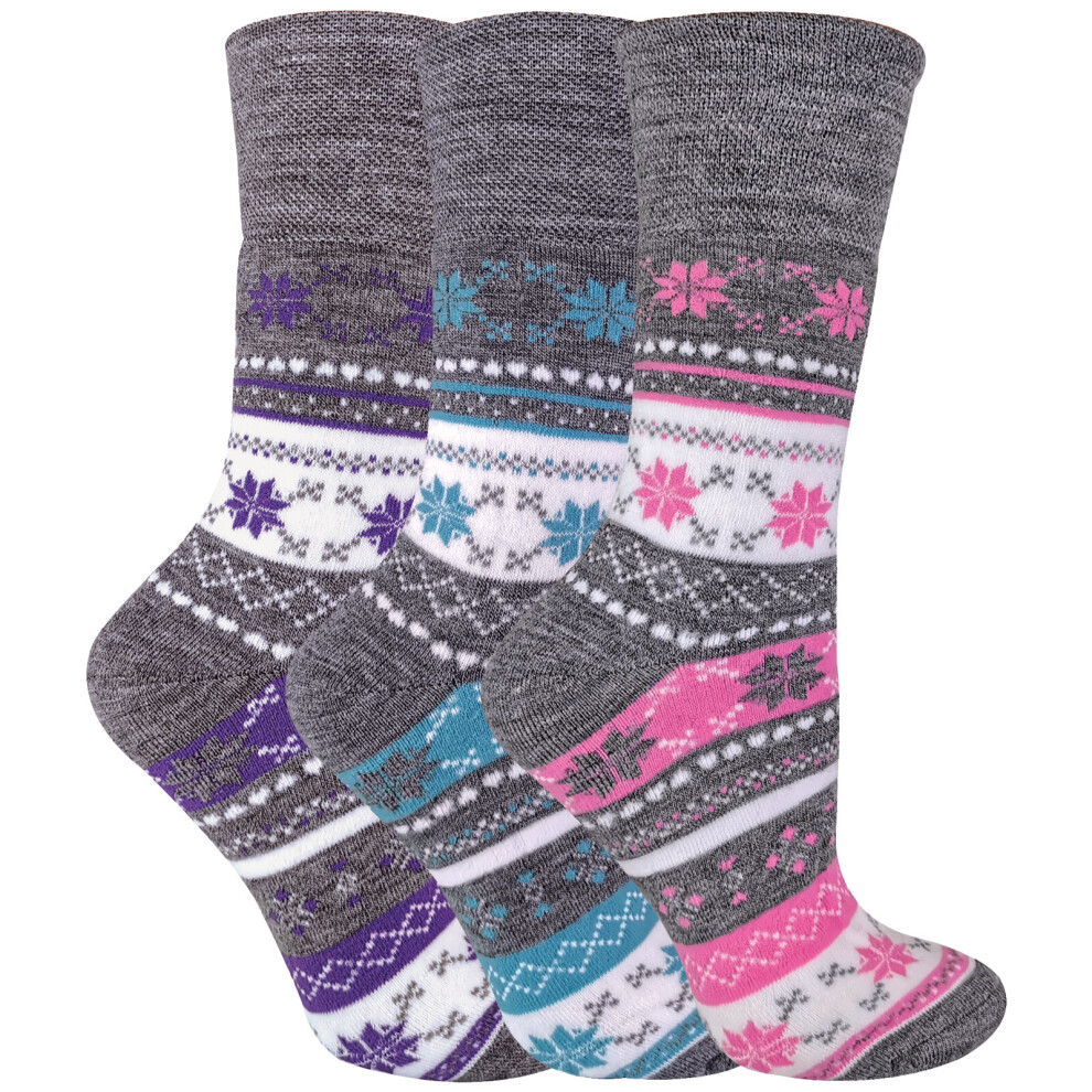 Sock Snob Ladies 3 Pairs Of Thick Winter Warm Fairisle Thermal Diabetic Socks (4-8 Uk, ) Grey