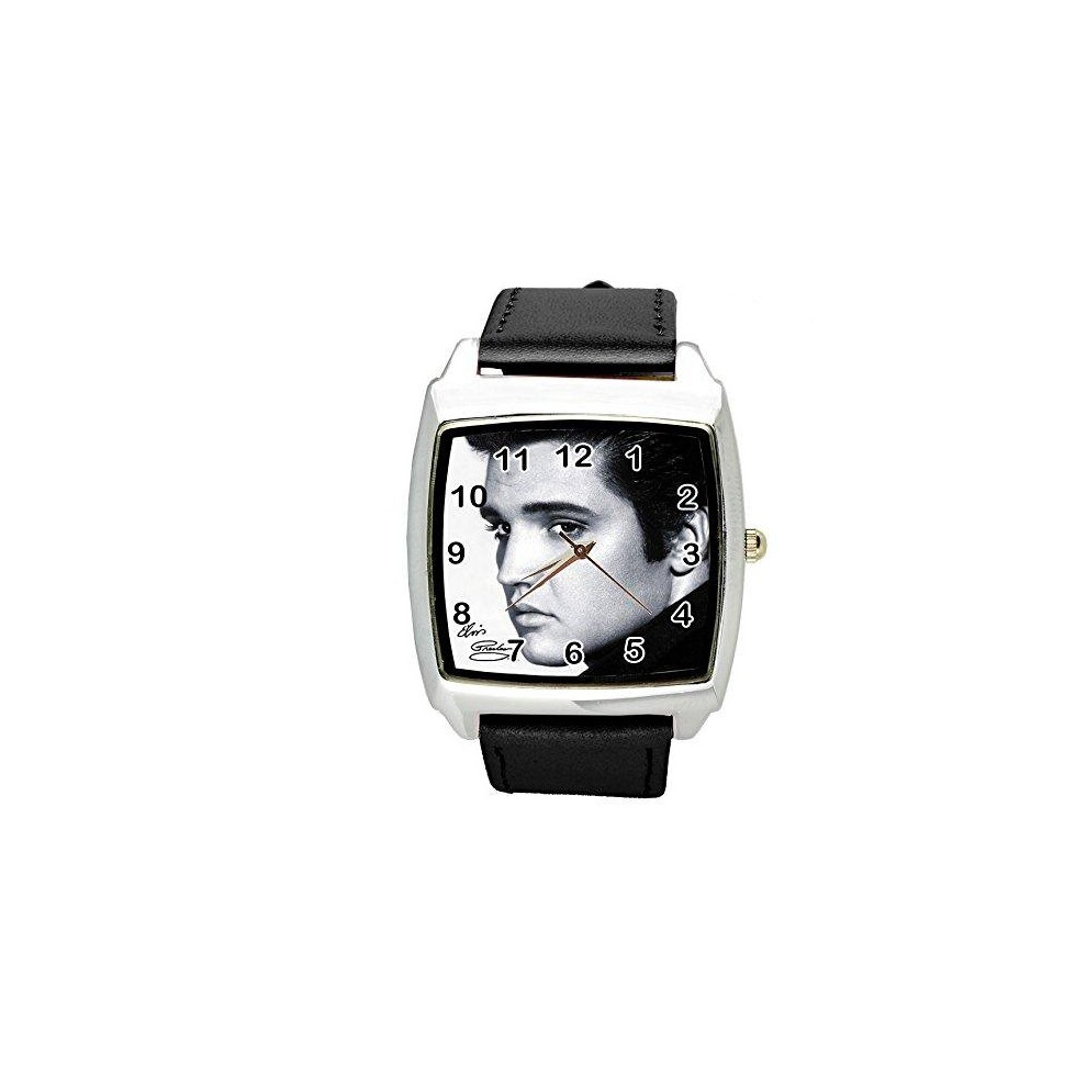 Elvis Presley Music Legend Quartz Square Watch Real Leather Band E8 Dial  Black