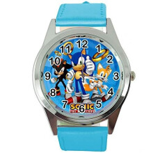 Quartz Watch Blue Leather Band Round for Sonic The Hedgehog Fans E2