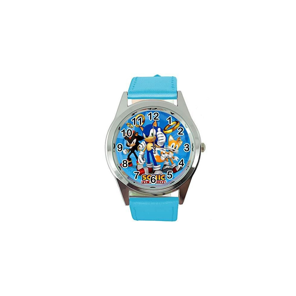 Quartz Watch Blue Leather Band Round for Sonic The Hedgehog Fans E2