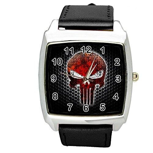 Punisher Quartz Square Watch Real Leather Band   Black