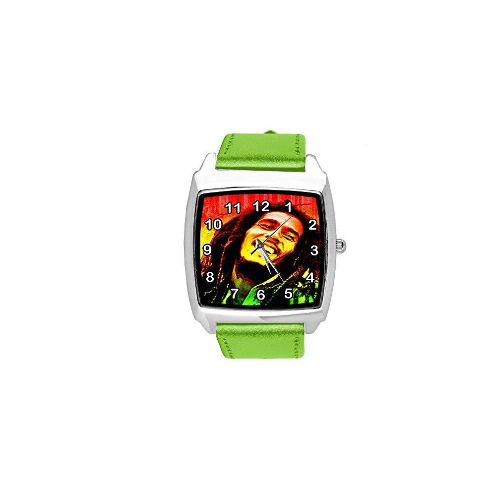 Taport Watch Analogue Quartz With Real Leather Band Square For Bob Marley Fans E2 Green