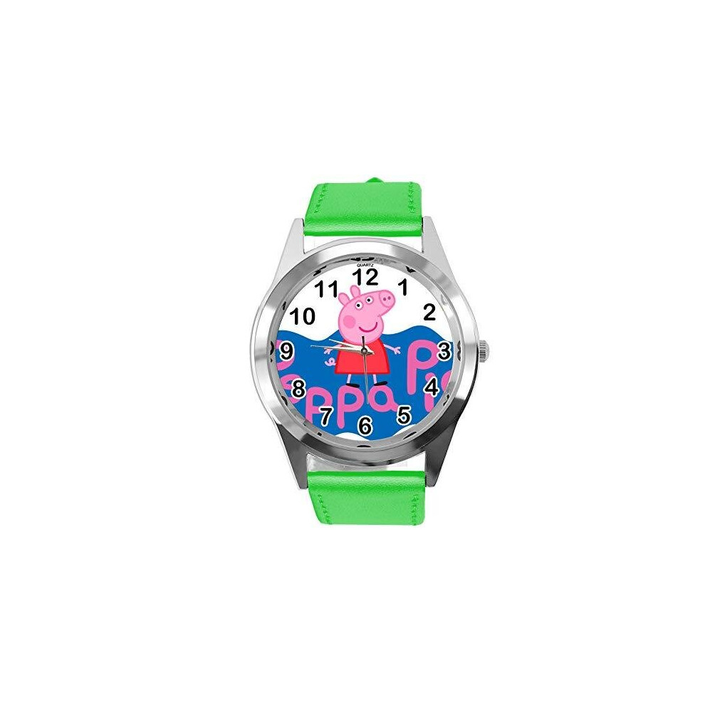 Quartz Watch Green Leather Band Round for Peppa Pig Fans