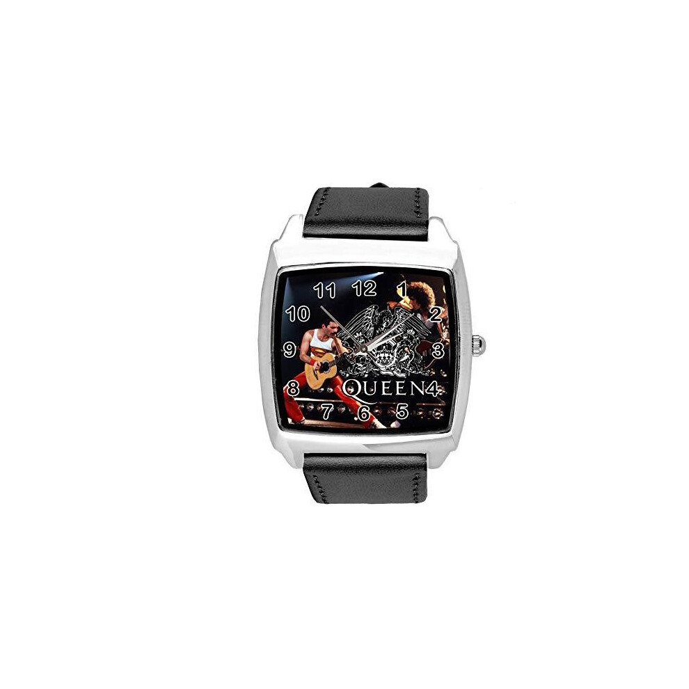 Taport Real Leather Band Quartz Square Watch For Queen Band Fans Black