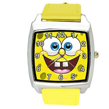 Sponge Bob Square Pants Quartz Squarewatch Yellow Leather Band Black