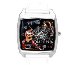 White Real Leather Band Quartz Square Watch for Queen Band Fans - 24cm Strap, 4cm Dial, Stainless Steel Case