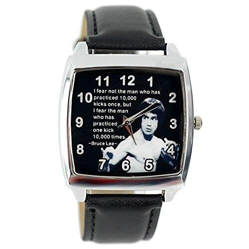 Bruce Lee Quartz Square Watch Real Leather Band Bw Text Dial  Black