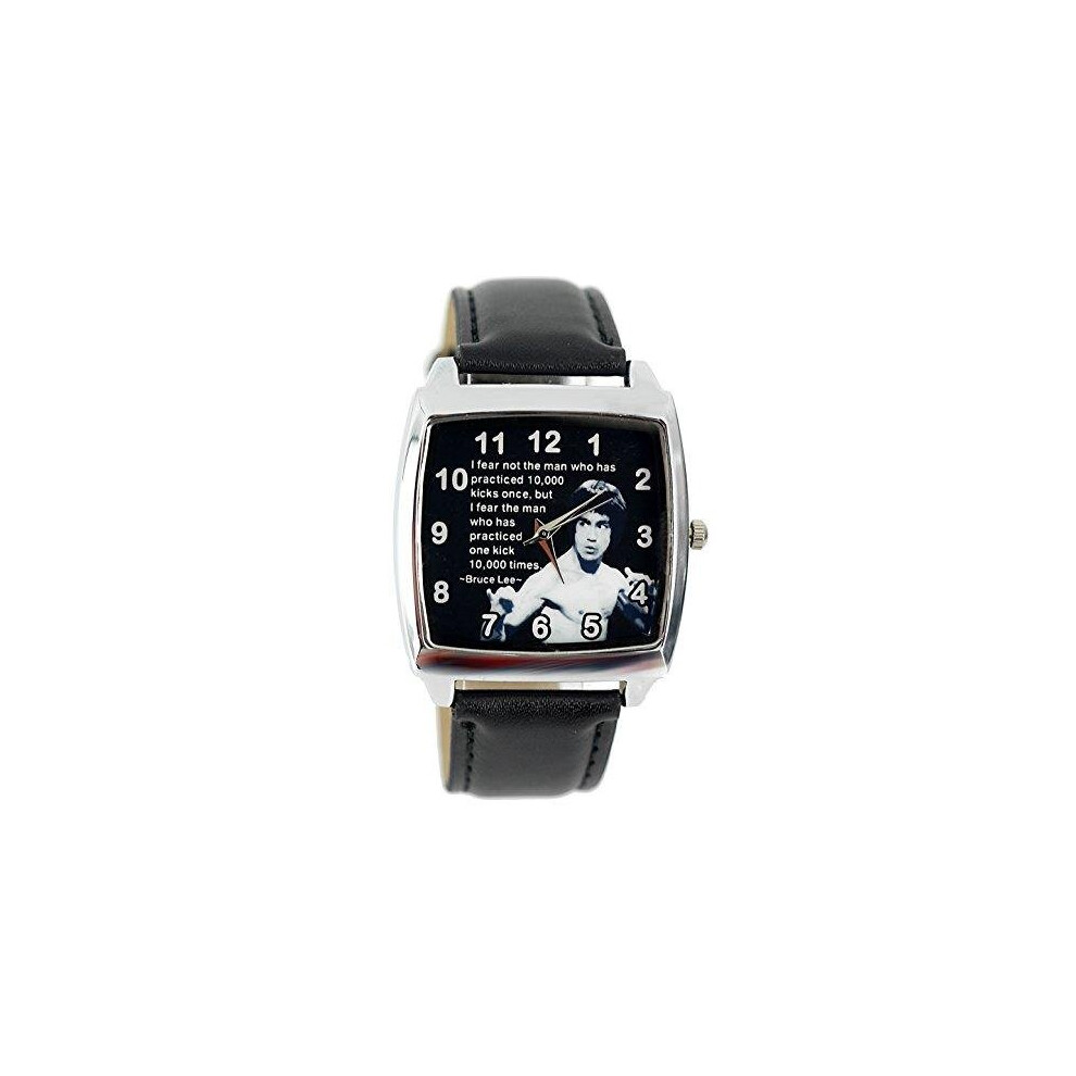 Bruce Lee Quartz Square Watch Real Leather Band Bw Text Dial  Black