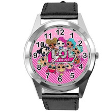 Watch Analogue Quartz with Real Leather Band Black Round for LOL Dolls Fans E2
