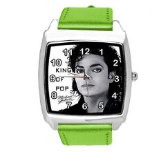 Watch Analogue Quartz with Real Leather Band Green Square for Michael Jackson Fans E2