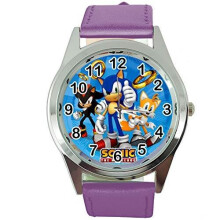 Quartz Watch Violet Leather Band Round for Sonic The Hedgehog Fans E2
