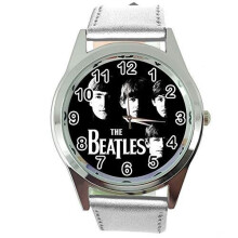 Watch Analogue Quartz with Real Leather Band Silver Round for Fan of Beatles e0