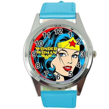 Blue Real Leather Quartz Round SCI FI Watch for Wonder Woman Fans