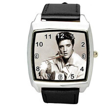 Elvis Presley Music Legend Quartz Square Watch - Real Leather Band, E4 Dial, Black, Stainless Steel Case